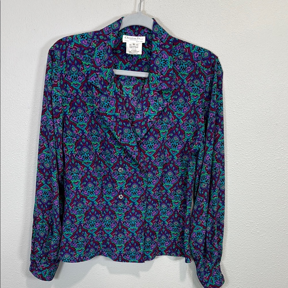 Christian Dior vintage Blue and Purple Graphic Long Sleeve Blouse